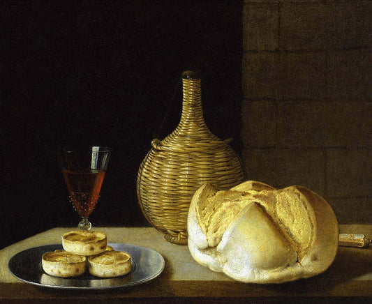 A flagon of wine, a wine glass, a loaf of bread, a knife and pies on a plate, vintage artwork by Sebastien Stoskopff, 12x8" (A4) Poster
