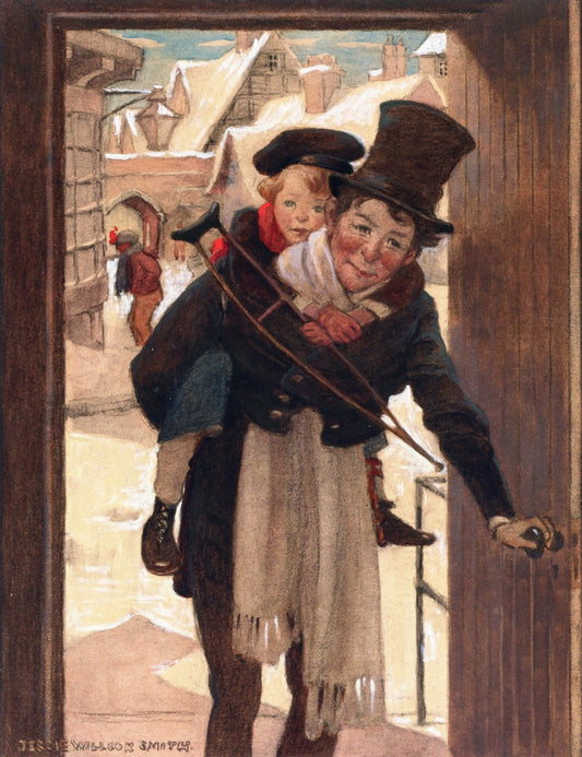 Tiny Tim and Bob Cratchit on Christmas Day (study), vintage artwork by Jessie Willcox Smith, 12x8" (A4) Poster