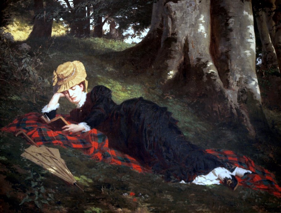 Reading Woman in the Forest, vintage artwork by Gyula Benczúr, 12x8" (A4) Poster