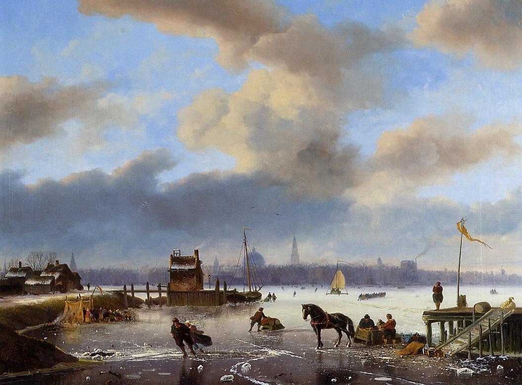 Figures Skating on the Ij, with Amsterdam Beyond, vintage artwork by Nicolas Johannes Roosenoboom, A3 (16x12") Poster Print