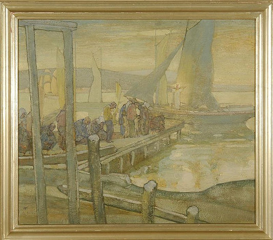 Dock scene, vintage artwork by Richard Edward Miller, 12x8" (A4) Poster
