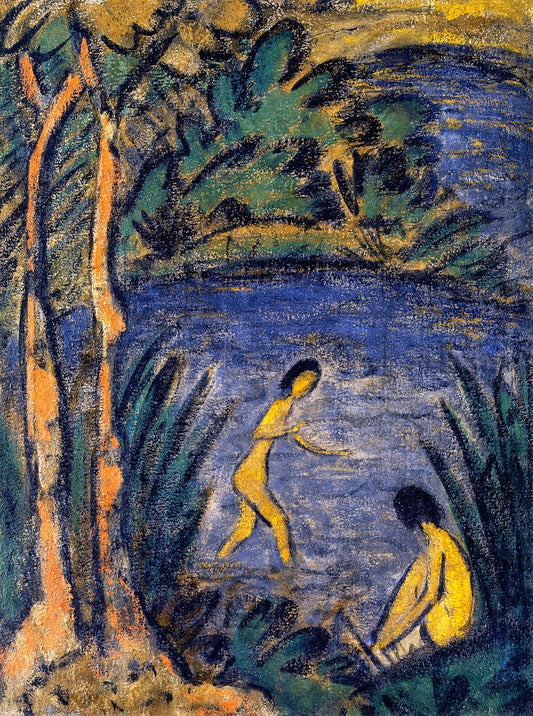 Sitter and Bather with Two Trees, vintage artwork by Otto Mueller, 12x8" (A4) Poster