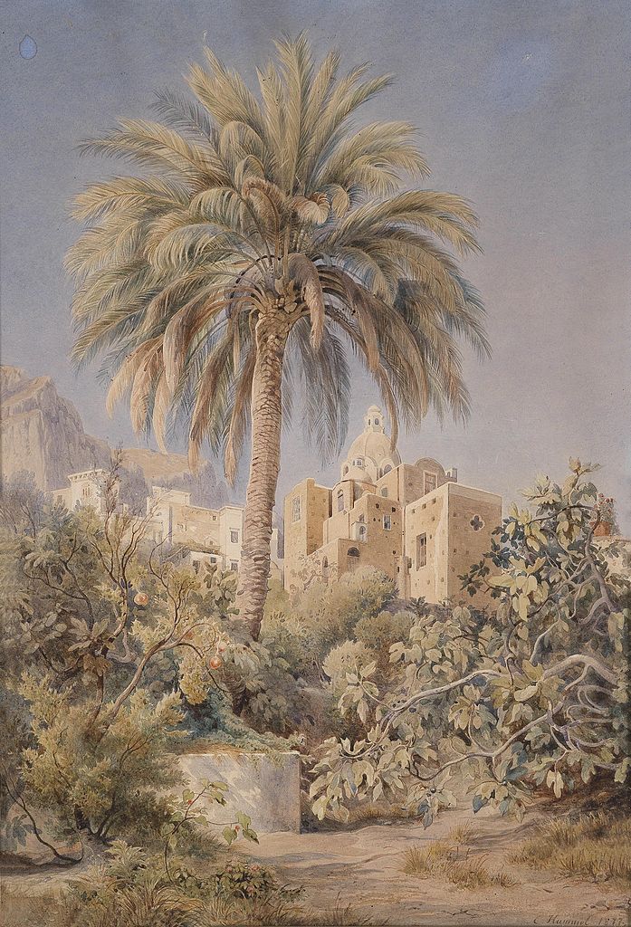 An oriental house and a palm tree, vintage artwork by Carl Maria Nicolaus Hummel, A3 (16x12") Poster Print