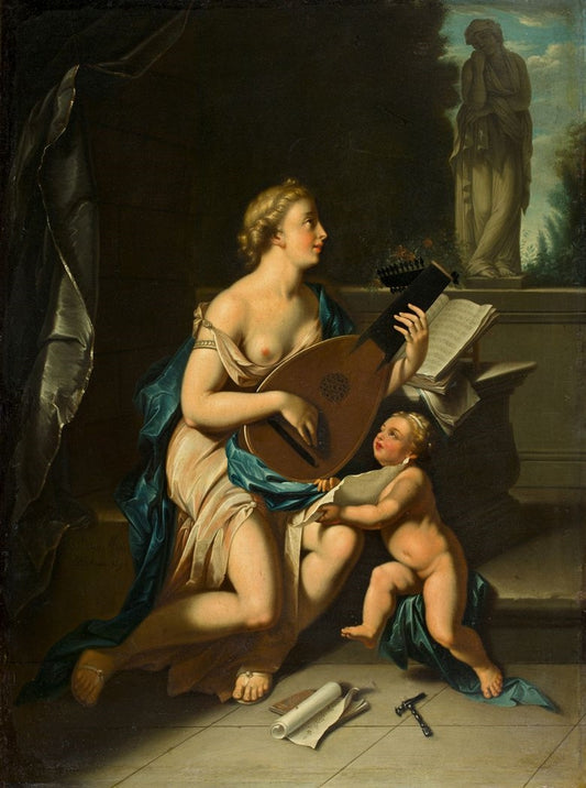 The Lute Player - Allegory of Music, vintage artwork by After Adriaen van der Werff, 12x8" (A4) Poster