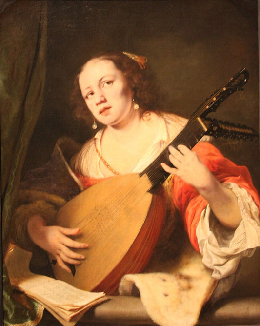 Lady Playing the Lute, vintage artwork by Ferdinand Bol, 12x8" (A4) Poster