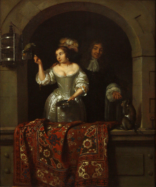 A Lady with a Parrot and a Gentleman with a Monkey, vintage artwork by Caspar Netscher, 12x8" (A4) Poster