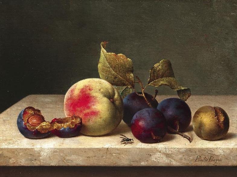 Still Life with Plums, Apricots and a Wasp, vintage artwork by Emilie Preyer, 12x8" (A4) Poster