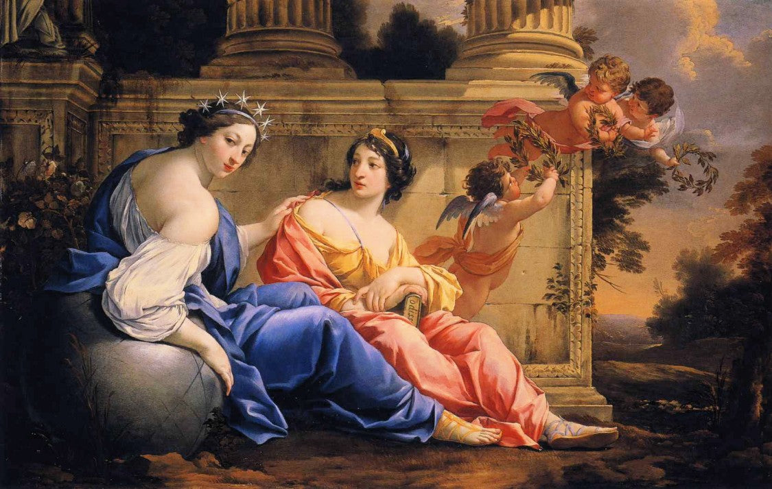 The Muses Urania and Calliope, vintage artwork by Simon Vouet, 12x8" (A4) Poster
