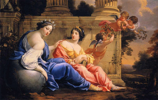 The Muses Urania and Calliope, vintage artwork by Simon Vouet, 12x8" (A4) Poster