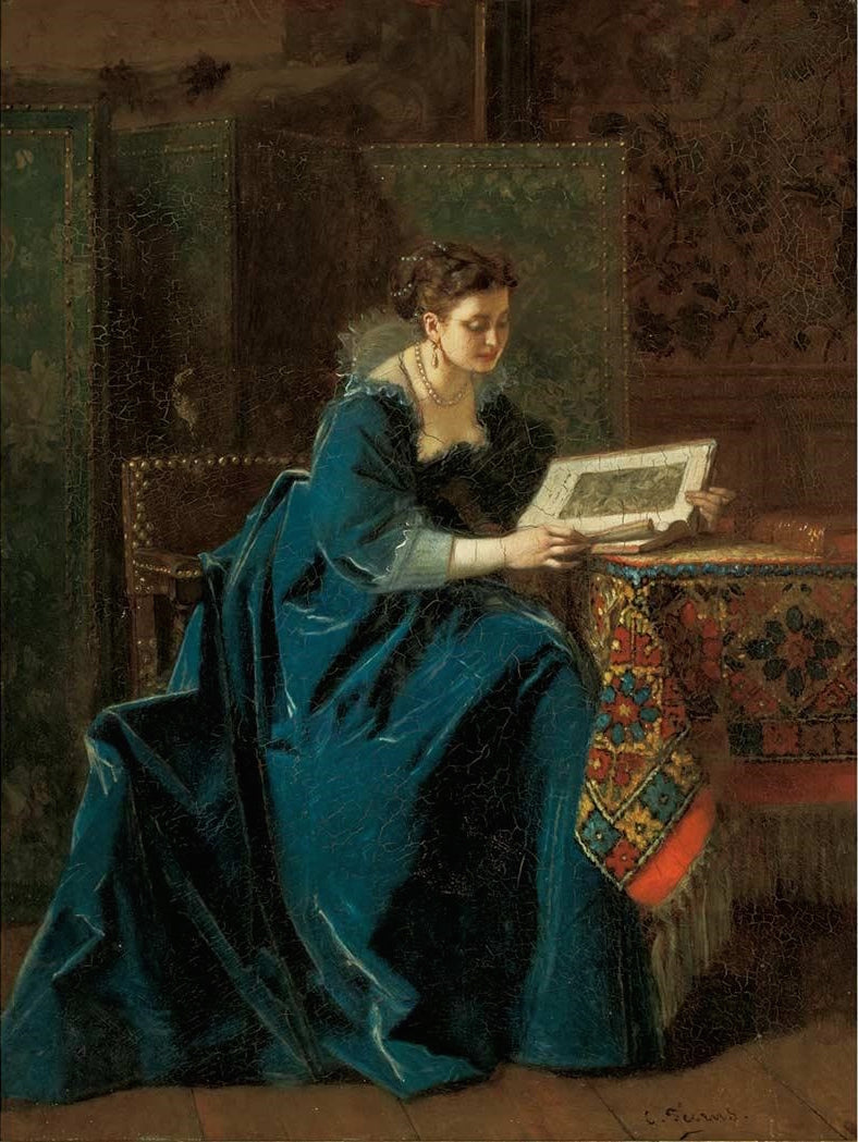 Woman Reading in a Interior, vintage artwork by Charles François Pecrus, 12x8" (A4) Poster
