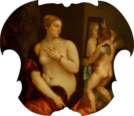 Cupid Holding a Mirror to Venus (after Titian), vintage artwork by French School 18th Century - Unknown, 12x8" (A4) Poster