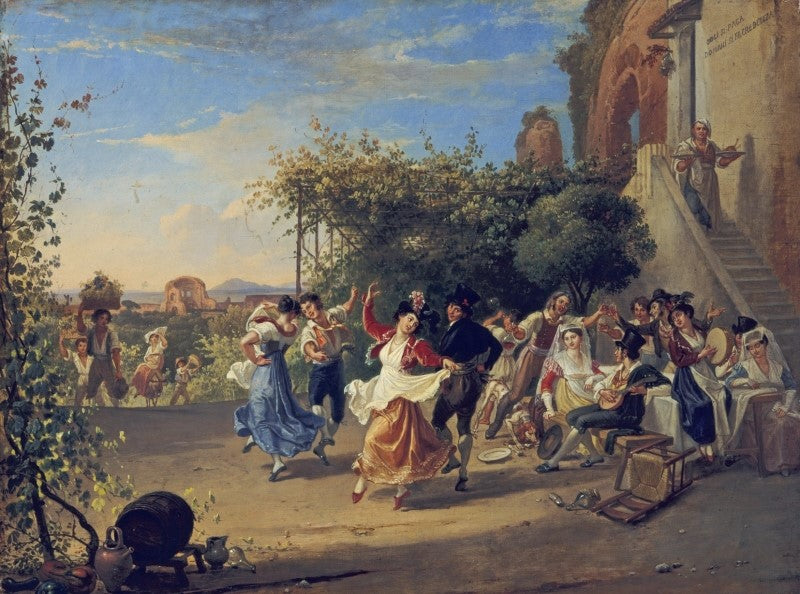 Rural festival with a view of the Temple of Venus of Bajae and the island of Ischia, vintage artwork by Franz Ludwig Catel, 12x8" (A4) Poster