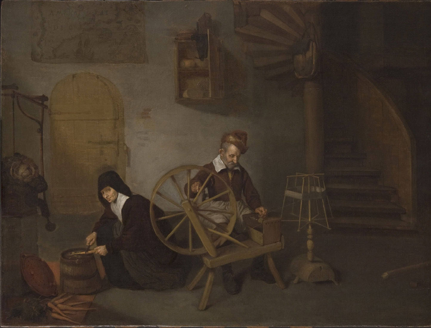 A Wool Spinner and His Wife, vintage artwork by Quiringh van Brekelenkam, 12x8" (A4) Poster
