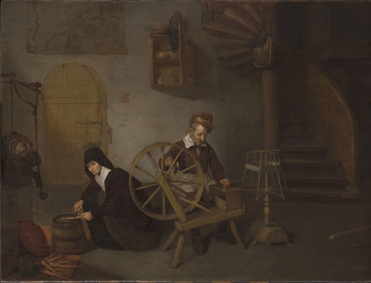 A Wool Spinner and His Wife, vintage artwork by Quiringh van Brekelenkam, 12x8" (A4) Poster