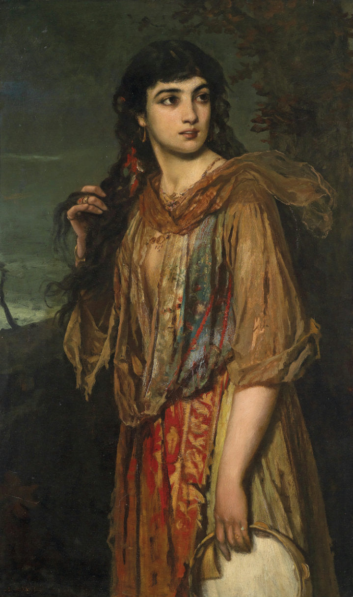 Gypsy Girl with Tambourine, vintage artwork by Anton Romako, 12x8" (A4) Poster