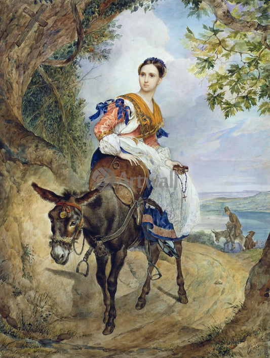 Olga Ferzen on a Donkeyback, vintage artwork by Karl Pavlovich Brulloff, A3 (16x12") Poster Print