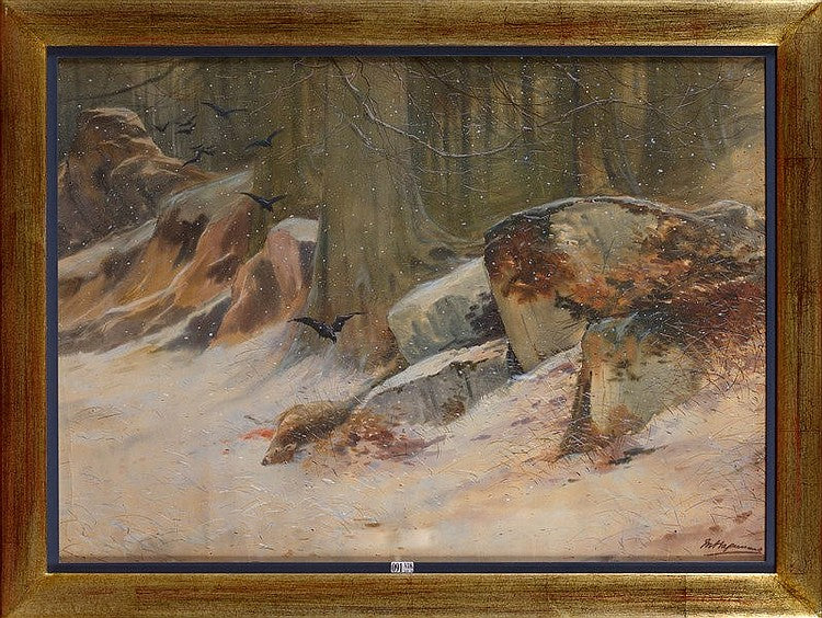 Hunting Scene in Winter, vintage artwork by Maurice Hagemans, 12x8" (A4) Poster