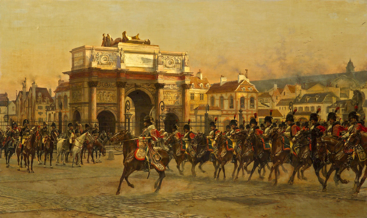 Napoleon and his staff reviewing the mounted chasseurs of the Imperial Guard, vintage artwork by Francois Flameng, 12x8" (A4) Poster
