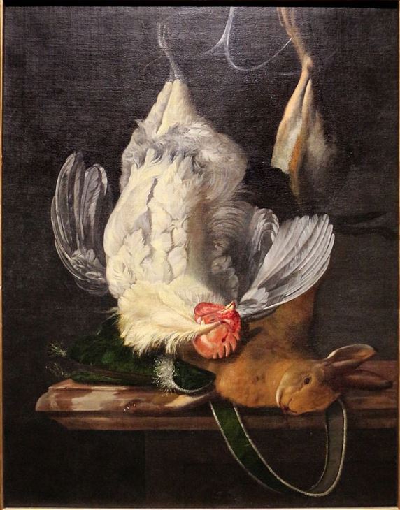 Still Life with White Hen and Hare, vintage artwork by Hendrik de Fromantiou, 12x8" (A4) Poster