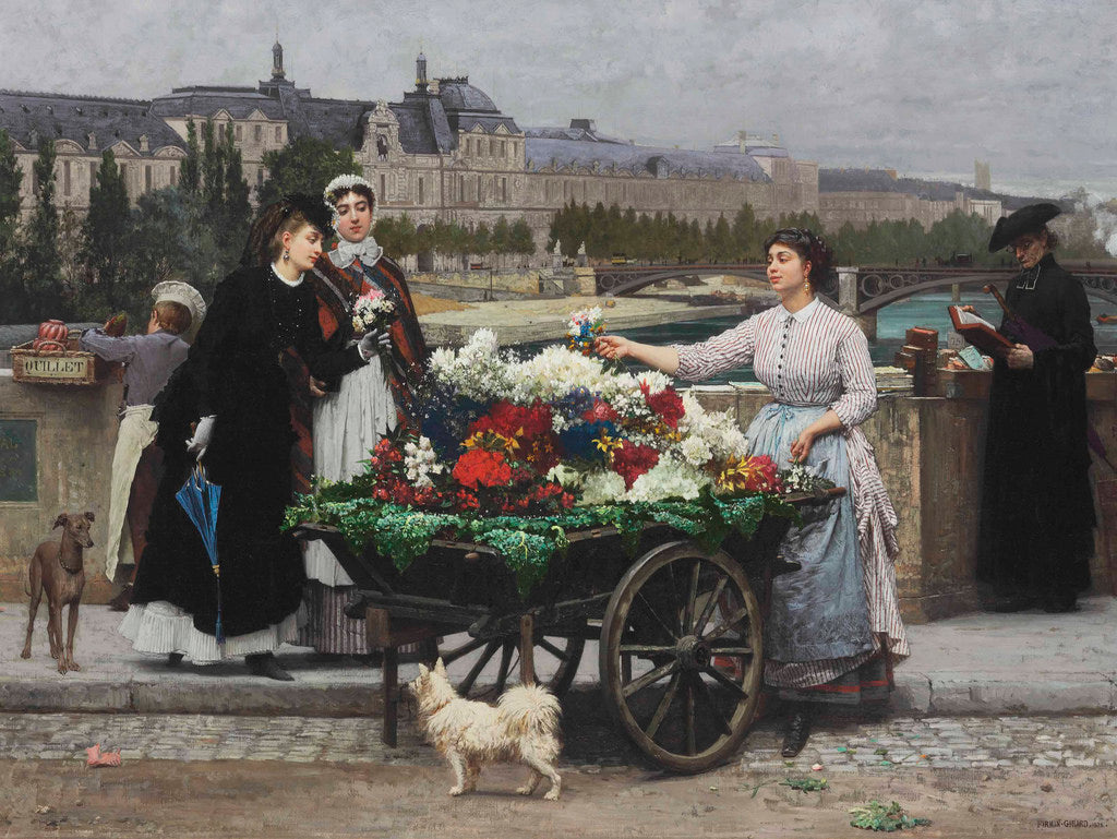 A Flower Seller on the Pont Royal, vintage artwork by Marie-Francois Firmin-Girard, 12x8" (A4) Poster