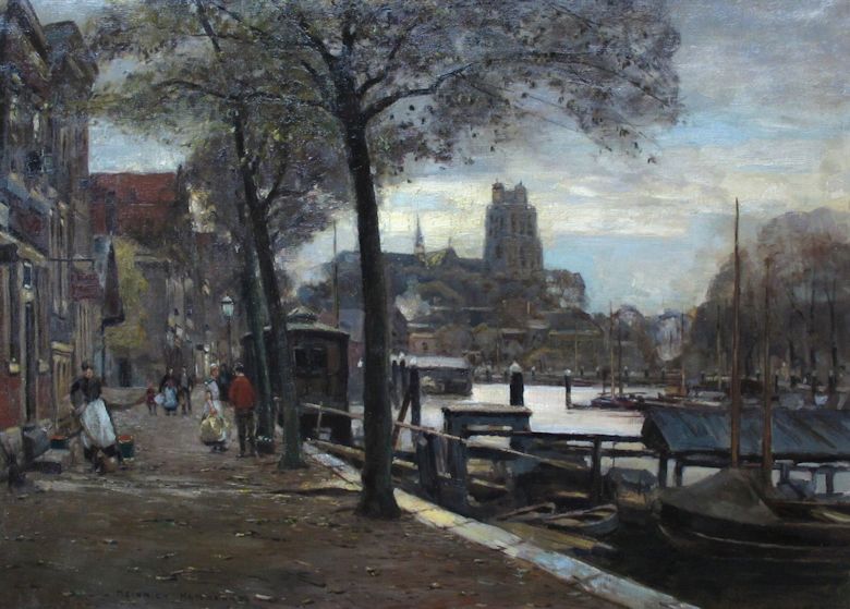 Figures on the Quay, Dordrecht, vintage artwork by Heinrich Hermanns, 12x8" (A4) Poster