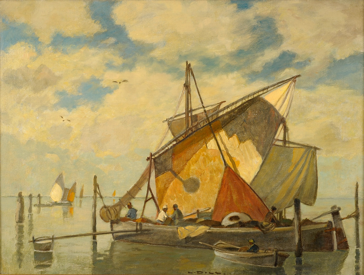Fishing in the Venetian Lagoon, vintage artwork by Ludwig Dill, 12x8" (A4) Poster