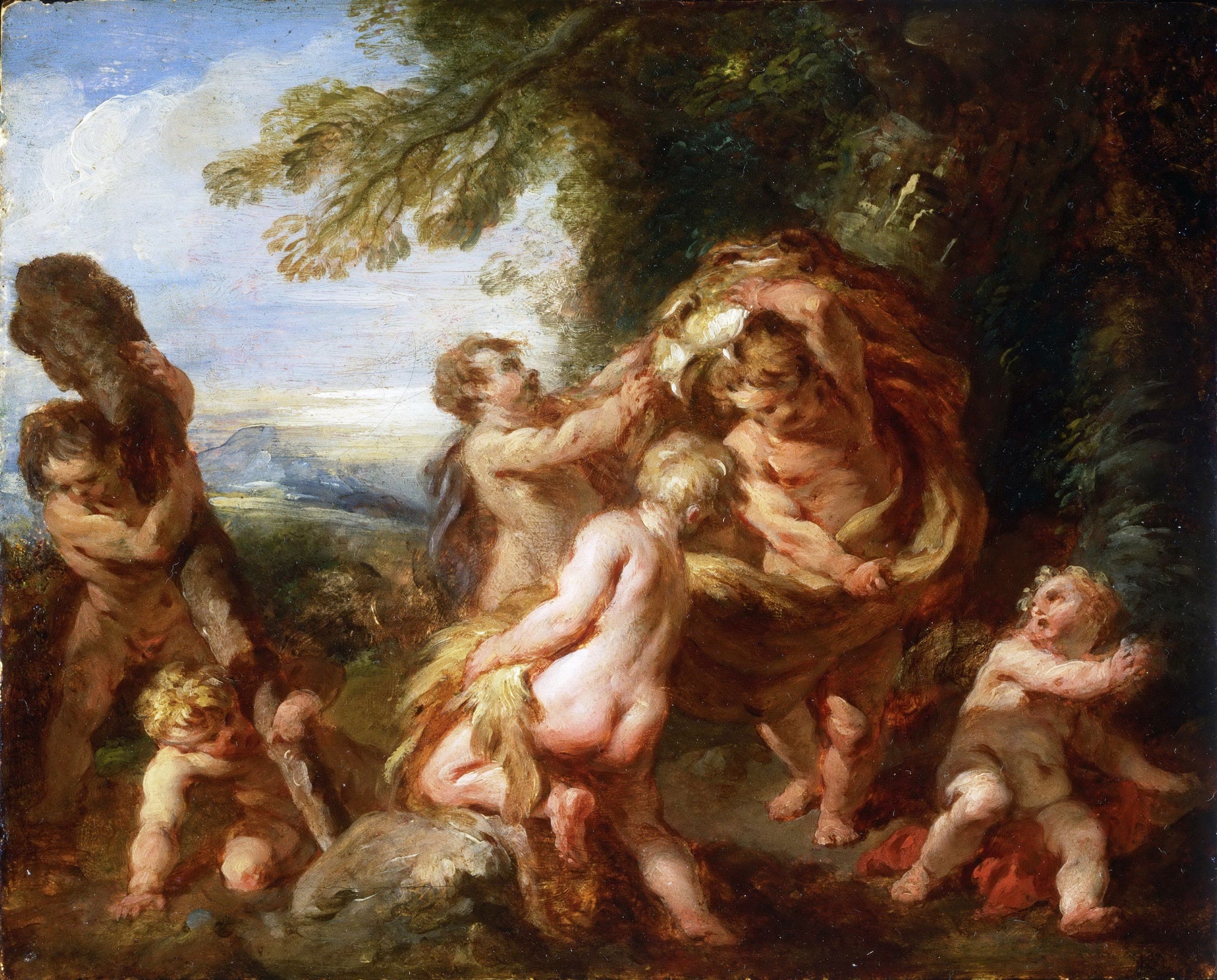 Putti Playing with the Accoutrements of Hercules, vintage artwork by Franҫois Lemoyne, 12x8" (A4) Poster