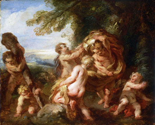 Putti Playing with the Accoutrements of Hercules, vintage artwork by Franҫois Lemoyne, 12x8" (A4) Poster