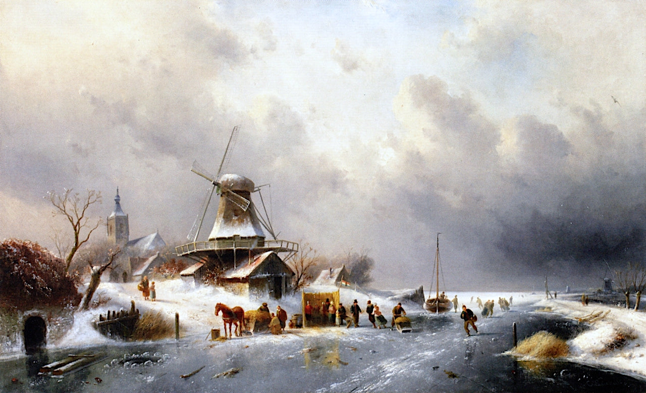 A Winter Landscape with Skaters on the Ice and a Koek-en-zopie, vintage artwork by Charles Henri Joseph Leickert, A3 (16x12") Poster Print
