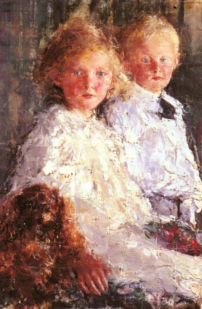 Portrait of Elizabeth and Charles Williamson with their Pet Dog, vintage artwork by Antonio Mancini, 12x8" (A4) Poster