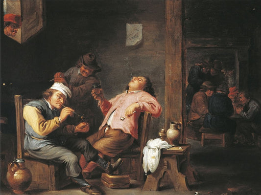 Company drinking and smoking in a pub, vintage artwork by Abraham Teniers, 12x8" (A4) Poster