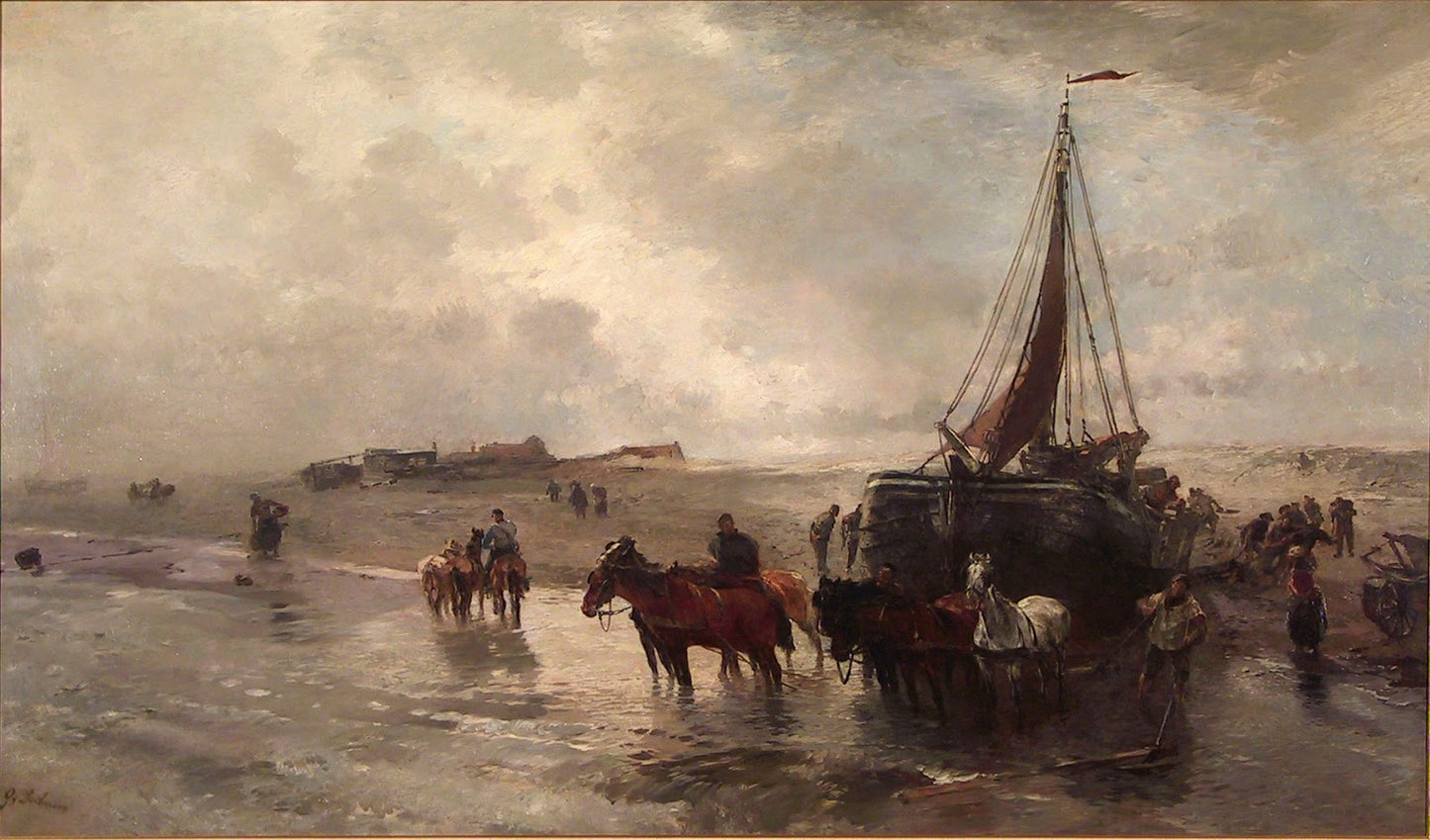 Launching a fisher boat in Holland, vintage artwork by Gregor von Bochmann, 12x8" (A4) Poster