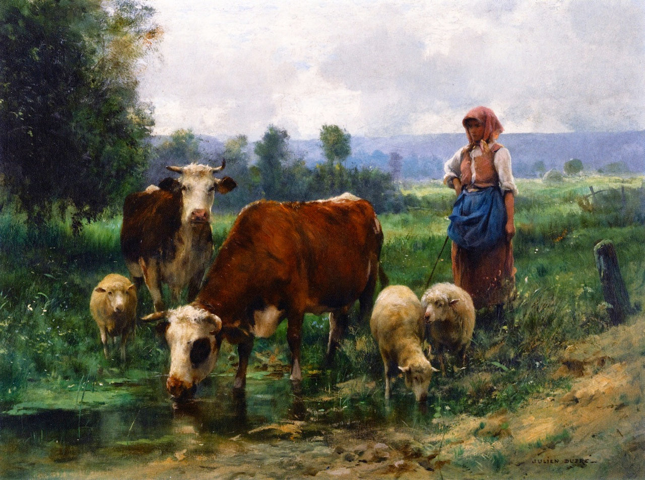 Shepherd and her Flock, vintage artwork by Julien Dupre, 12x8" (A4) Poster