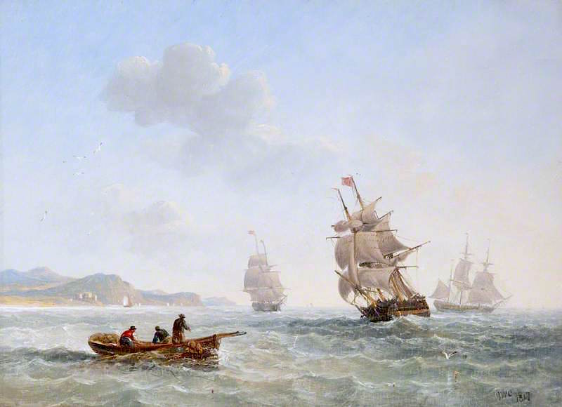 Seascape with Boats and Fishermen, vintage artwork by John Wilson Carmichael, A3 (16x12") Poster Print