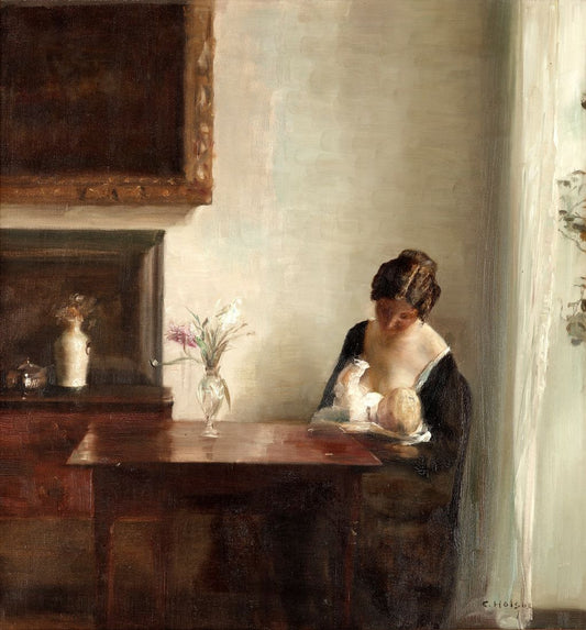 Interior with woman and child, vintage artwork by Carl Vilhelm Holsøe, 12x8" (A4) Poster
