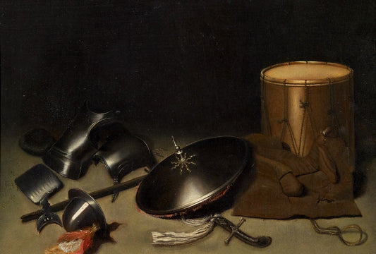 Still Life with armor, shield, halberd, sword, leather jacket and drum, vintage artwork by Gerrit Dou, 12x8" (A4) Poster