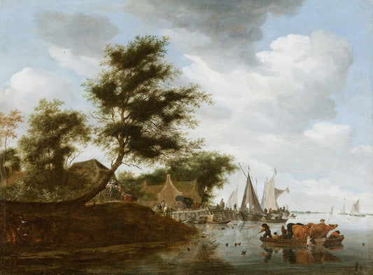 River landscape with ferry, vintage artwork by Salomon van Ruysdael, 12x8" (A4) Poster