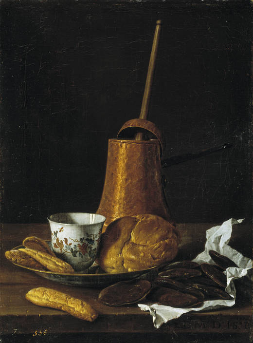 Still Life with Chocolate and Buns, vintage artwork by Luis Melendez, 12x8" (A4) Poster