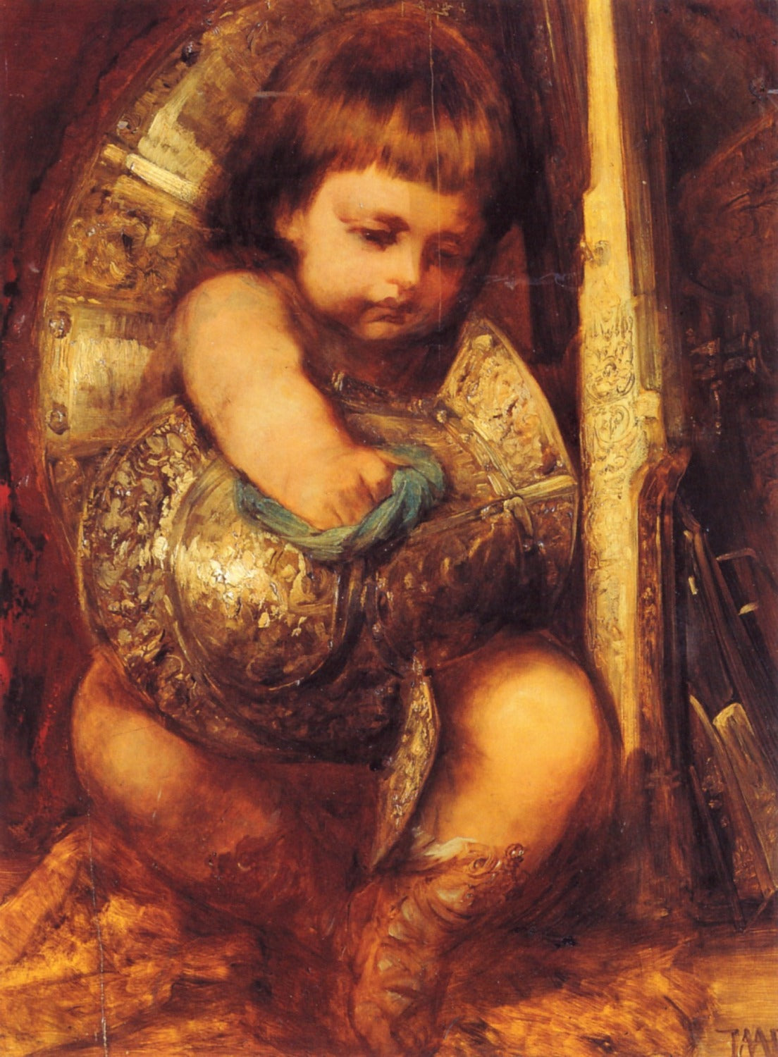 Ein Putto reinigt die Waffen des Mars, vintage artwork by Hans Makart, 12x8" (A4) Poster