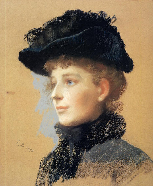 Portrait of a Woman with Black Hat, vintage artwork by Frank Duveneck, 12x8" (A4) Poster