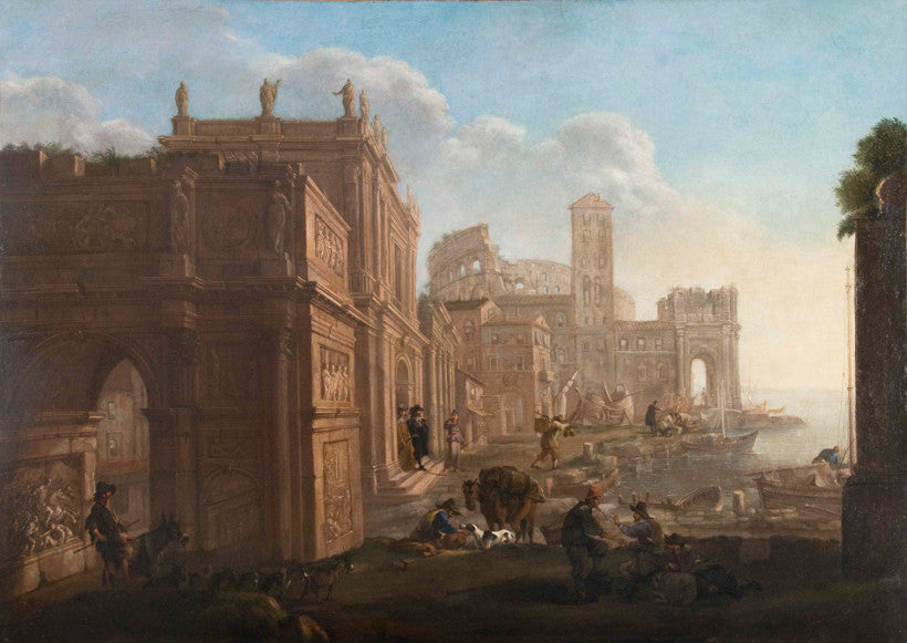 Architectural Capriccio depicting Arch of Constantine, the Colosseum and Santa Maria in Cosmedin, vintage artwork by Alessandro Salucci, 12x8" (A4) Poster