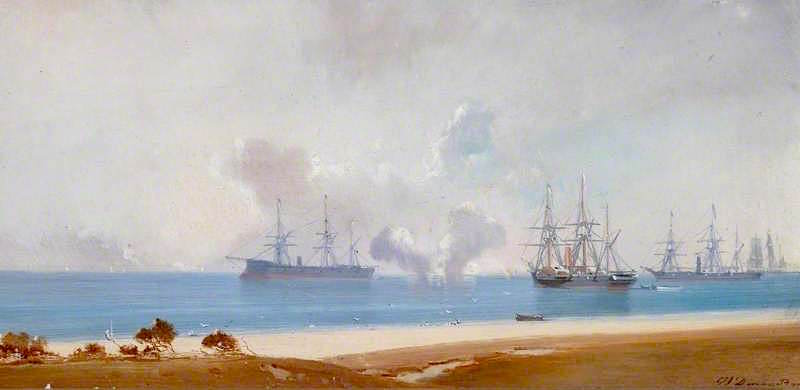 Ships Standing off a Beach, vintage artwork by Jean-Baptiste-Henri Durand-Brager, A3 (16x12") Poster Print