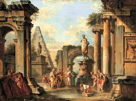 A Capriccio of Classical Ruins with Diogenes Throwing Away His Cup., vintage artwork by Giovanni Paolo Panini, 12x8" (A4) Poster