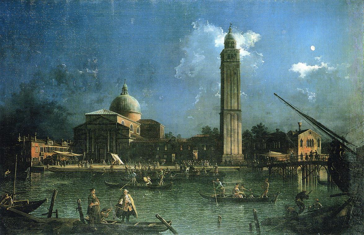 Night-time Celebration Outside the Church of San Pietro di Castello, vintage artwork by Canaletto, 12x8" (A4) Poster