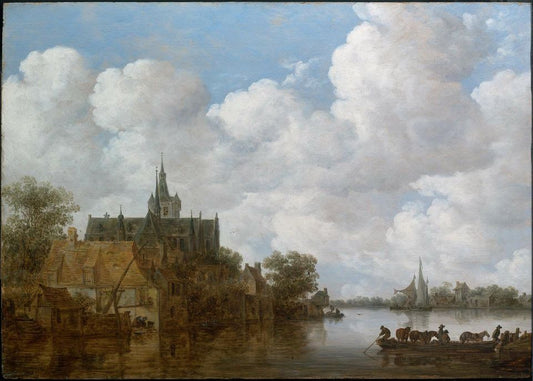 River Landscape with a Ferry and a Church, vintage artwork by Jan van Goyen, 12x8" (A4) Poster