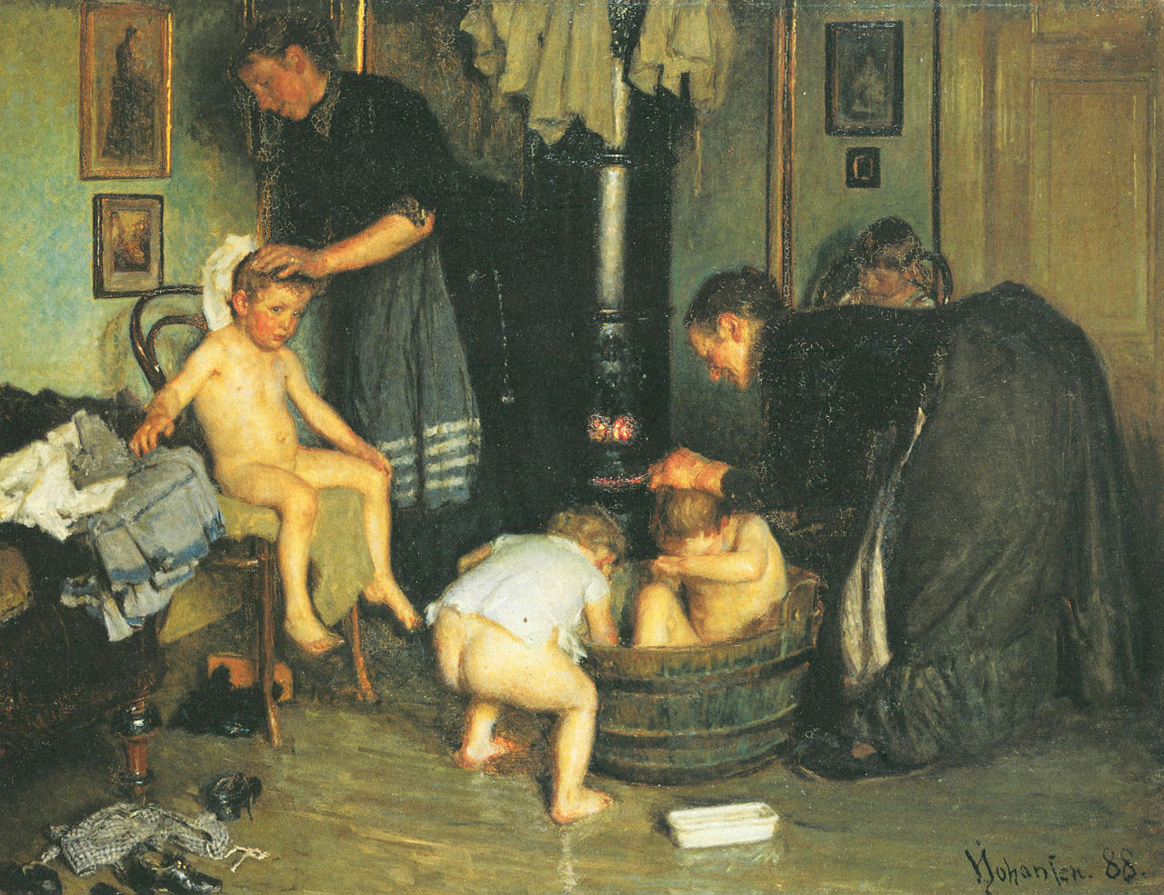 Washing the Children, vintage artwork by Viggo Johansen, 12x8" (A4) Poster
