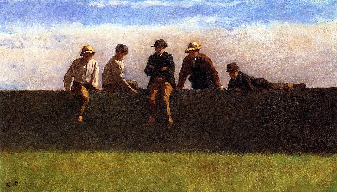 Five Boys on a Wall, vintage artwork by Eastman Johnson, 12x8" (A4) Poster