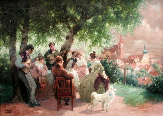 Merry Company in Wachau, Krems in the background, vintage artwork by Rudolf Alfred Höger, 12x8" (A4) Poster