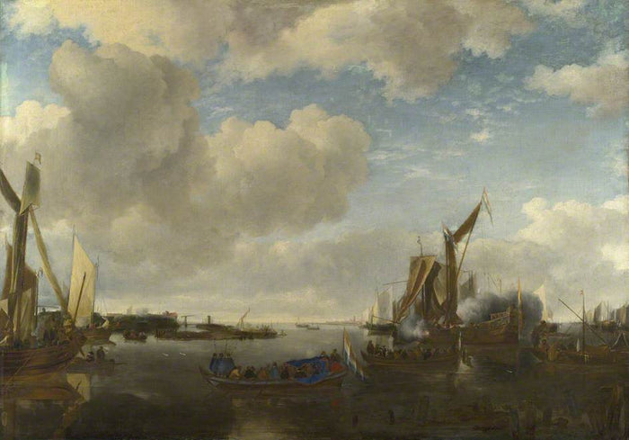 A River Scene with a Dutch Yacht Firing a Salute as Two Barges pull away, vintage artwork by Jan van de Cappelle, 12x8