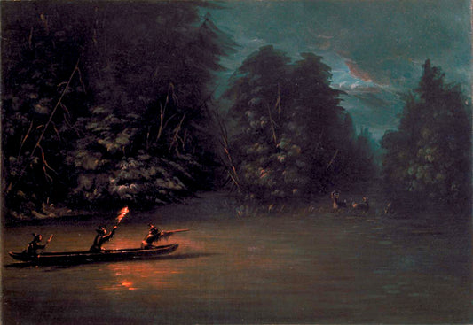 Deer Hunting by  Torchlight in Bark Canoes, vintage artwork by George Catlin, A3 (16x12") Poster Print